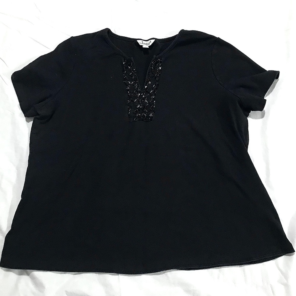Jessica Plus Black Cotton/Spandex Top Sequin & Bead Embellished Neck Size 3X